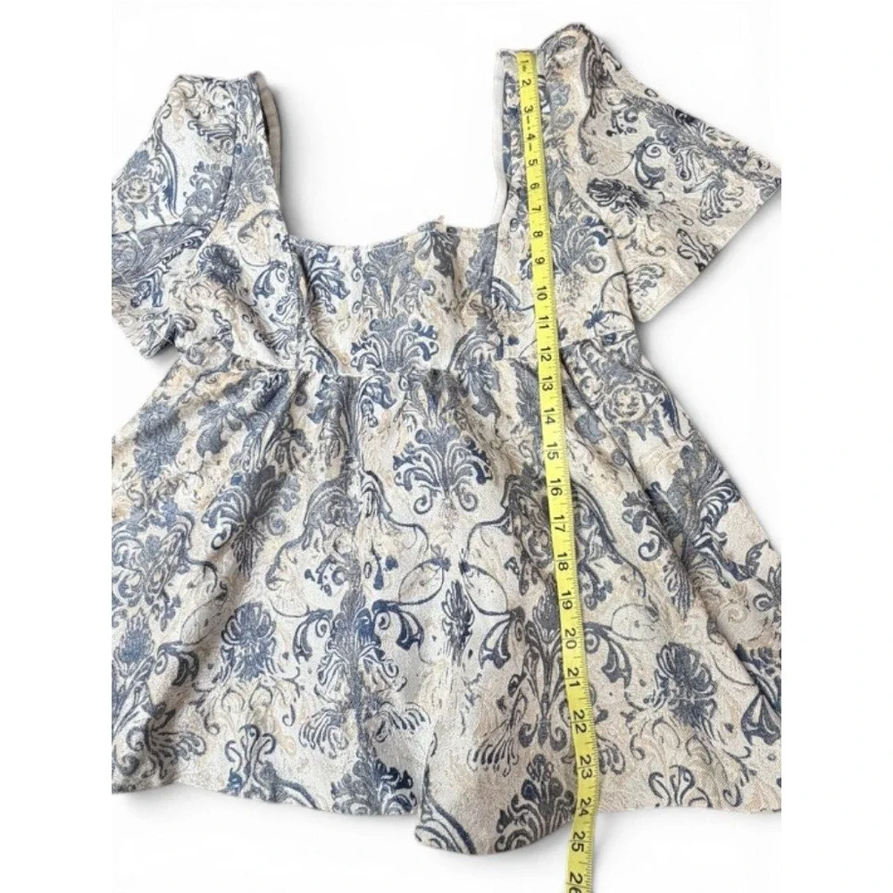 Free People Top Womens S Blue Eloise‎ Jacquard Peplum Blouse Square Neck Brocade